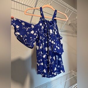 Sienna Sky Blue Asymmetrical Flutter Sleeve Hatler Top Blouse